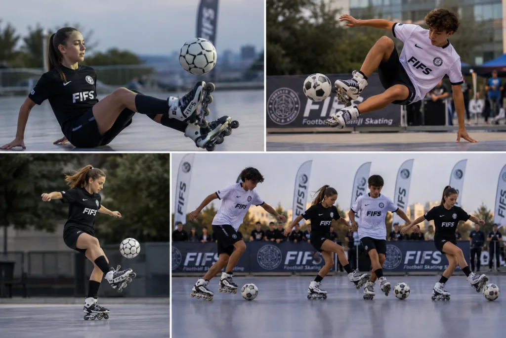 Freestyle Football Skating athletes performing technical ball control on skates
