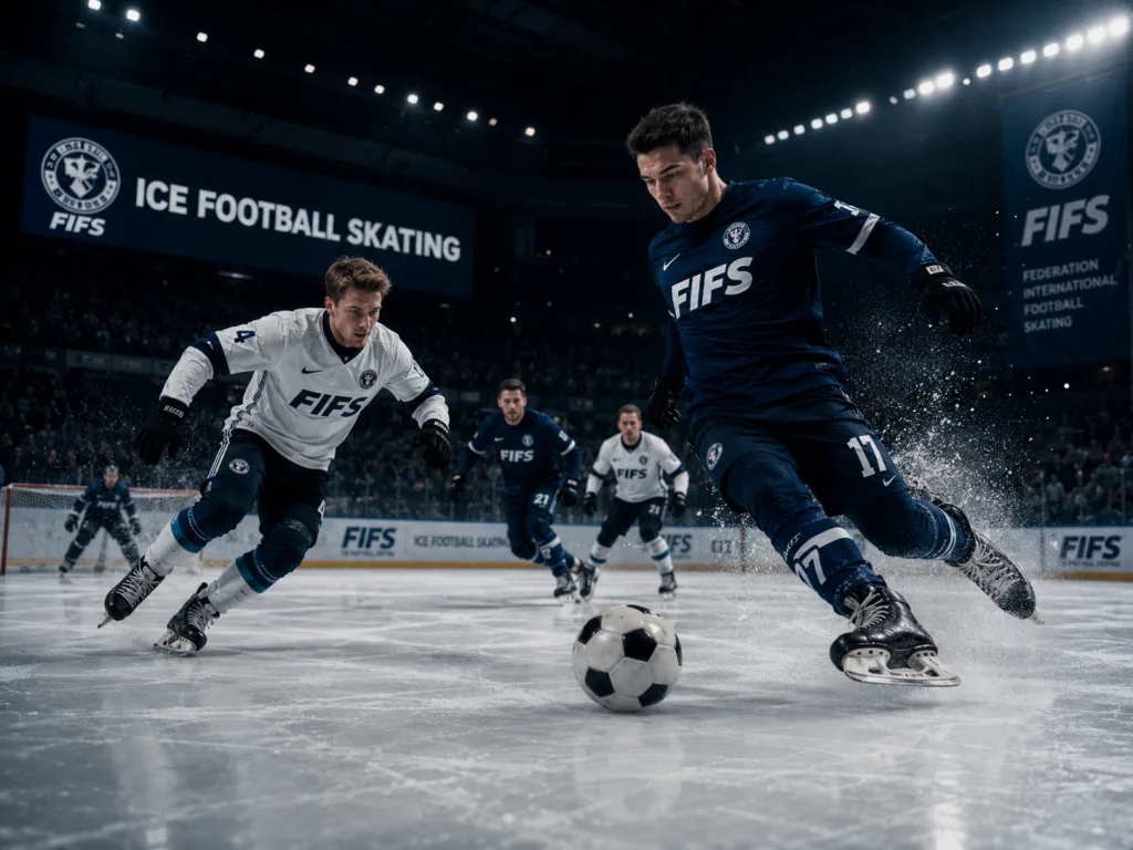 Ice Football Skating players contesting the ball on an ice rink