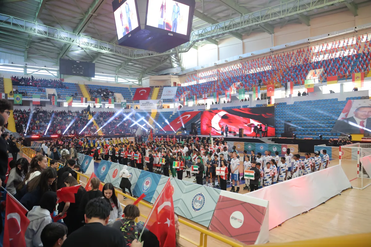 National flags and a full arena during the Football Skating World Cup