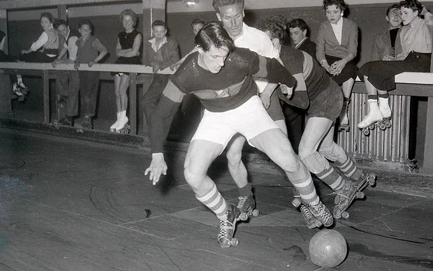 Archive photograph of an early football-on-skates match, part of the documented history of Football Skating