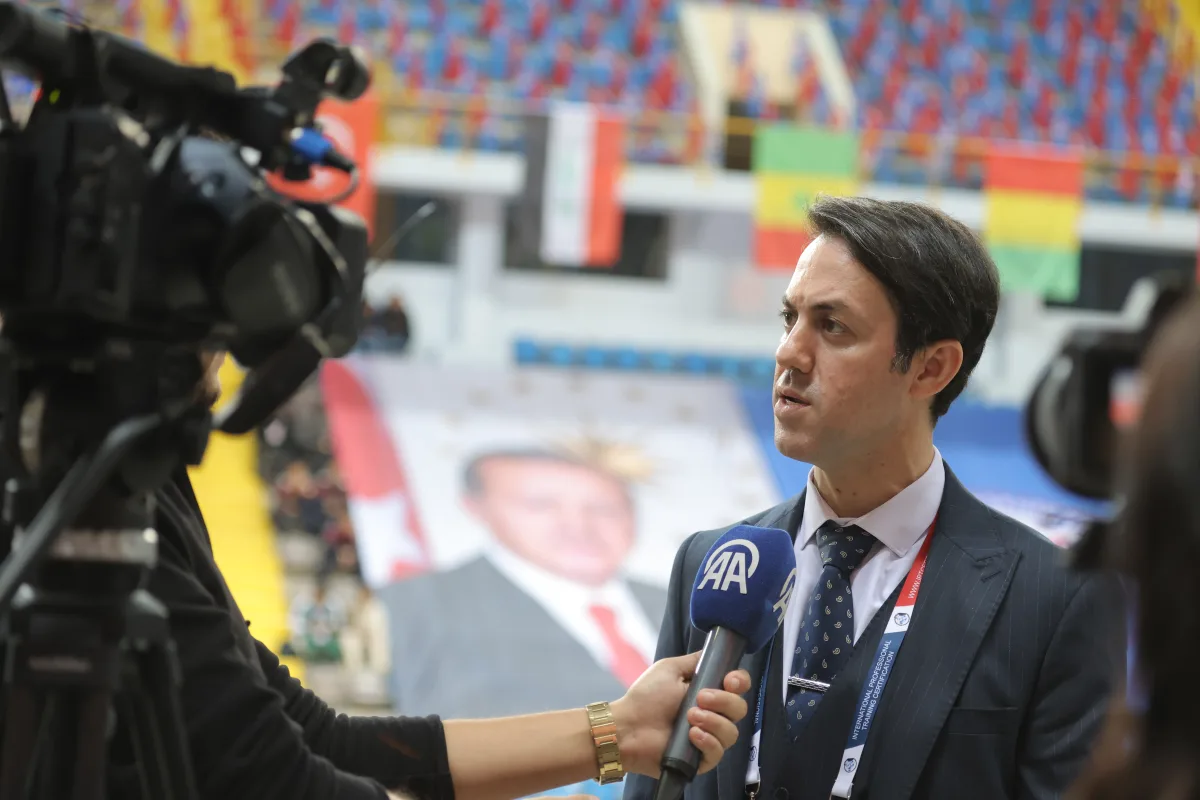 A FIFS representative giving a television interview about the schools programme during the Football Skating World Cup in Trabzon